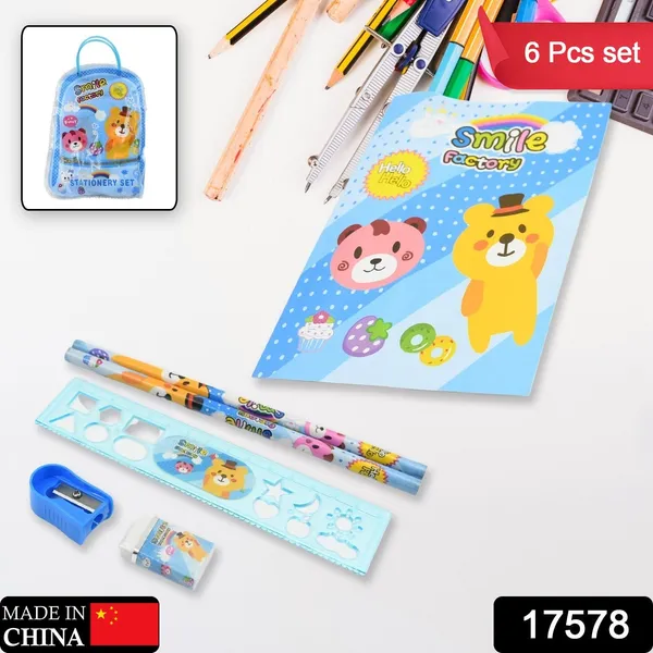 Multicolor_Stationery_Kit_For_Kids_(2_Pencil,_1_Scale,_1_Notebook,1_Sharpener,_1_Eraser_&_With_Zip_Bag)_(6_Pcs)