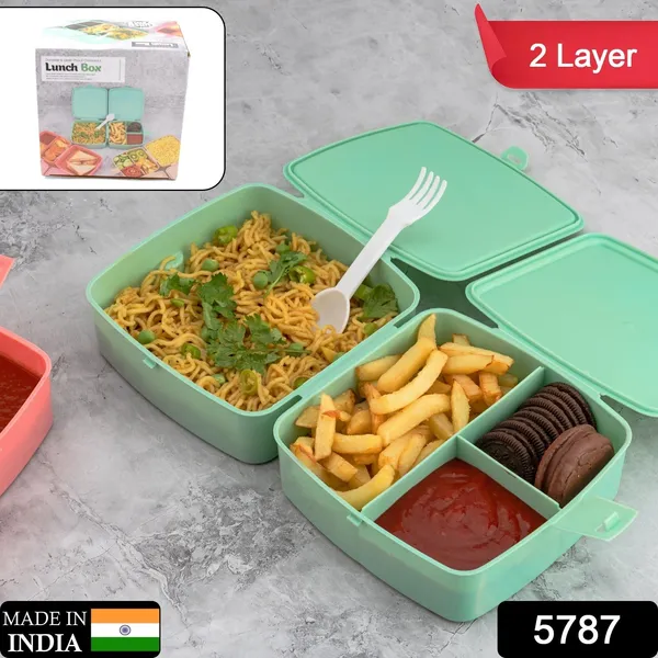 Multicolor_Plastic_Double-Layer_Square_4_Compartment_Tiffin_&_Push_Lock_With_Spoon