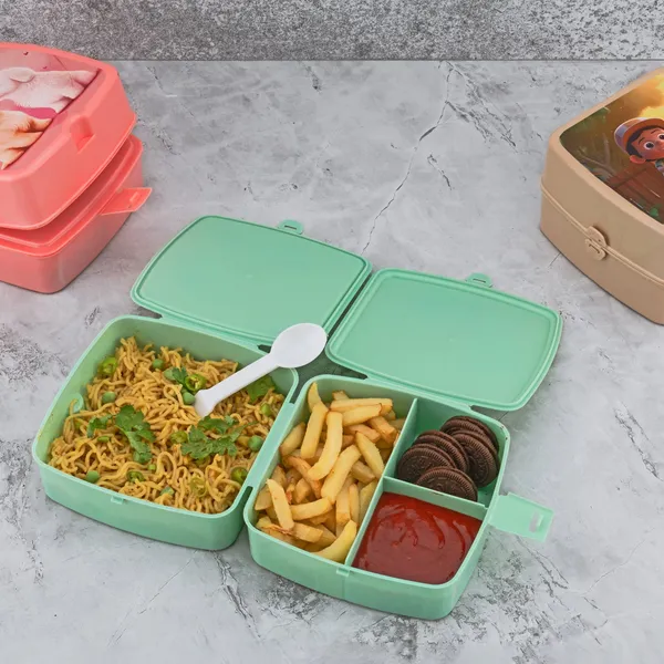 Multicolor_Plastic_Double-Layer_Square_4_Compartment_Tiffin_&_Push_Lock_With_Spoon