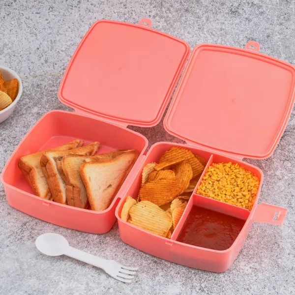 Multicolor_Plastic_Double-Layer_Square_4_Compartment_Tiffin_&_Push_Lock_With_Spoon