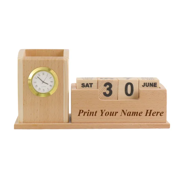 SHIVOM_CRAFTS_Wooden_Desk_Organizer_with_Clock,_Wooden_Mobile_Holder_with_Multiple_Pen_Pencil_Holder,_Get_Name_Printed,_Multicolor