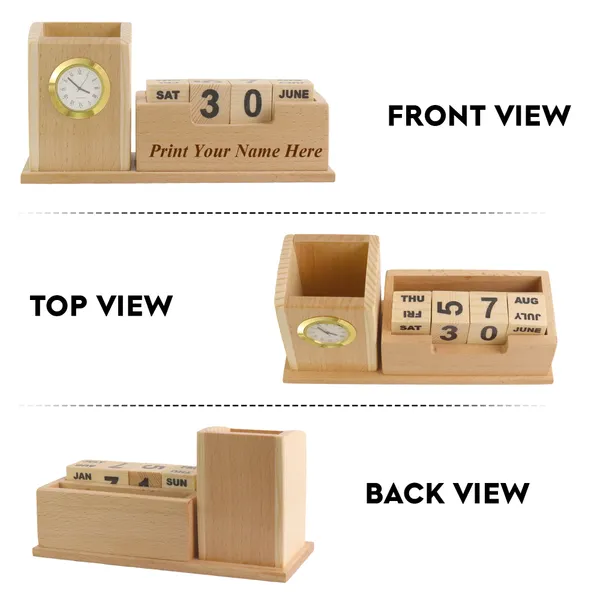 SHIVOM_CRAFTS_Wooden_Desk_Organizer_with_Clock,_Wooden_Mobile_Holder_with_Multiple_Pen_Pencil_Holder,_Get_Name_Printed,_Multicolor