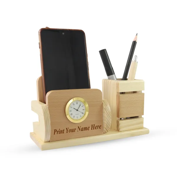 Personalised_Beige_Wooden_Desk_Nameplate_&_Mobile_Phone_Holder_With_Clock_For_Office
