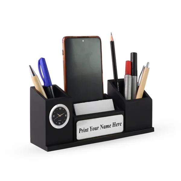 Personalised_Matt_Black_Wooden_Desk_Organizer_With_Clock_Mobile_Stand_Pen_Holder_Your_Name_Printed_For_Use_And_ize_Gift_For_Students,_Ca,_Doctors,_Advocate