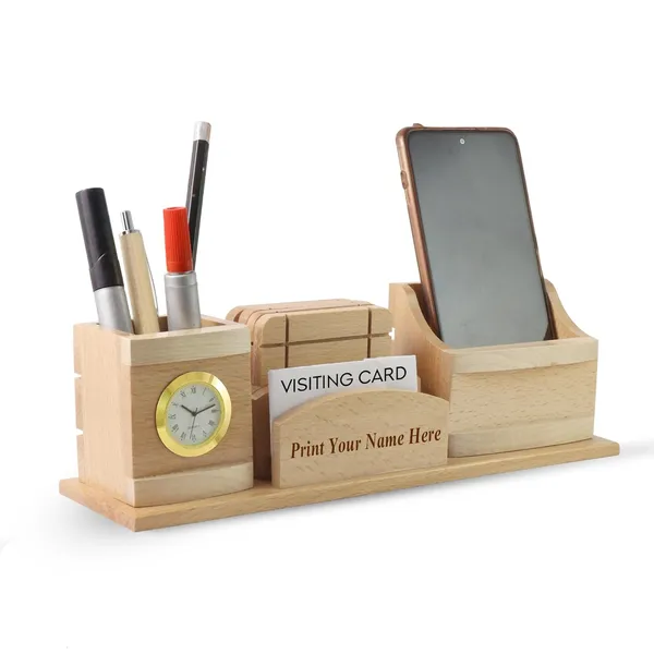 Personalised_Beige_Wooden_Pen_Stand_With_Clock,_Mobile_Or_Card_Holder_Tea_Coasters_4_Compartments_Gift