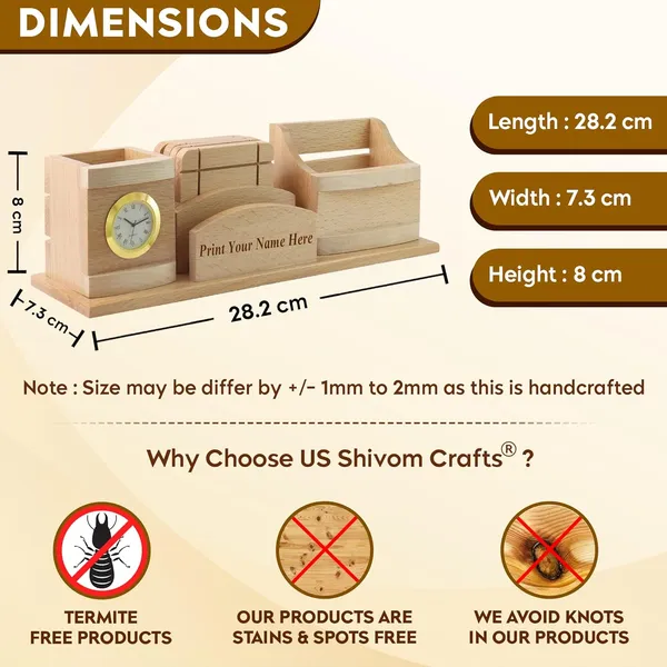 Personalised_Beige_Wooden_Pen_Stand_With_Clock,_Mobile_Or_Card_Holder_Tea_Coasters_4_Compartments_Gift