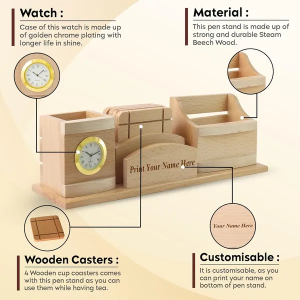 Personalised_Beige_Wooden_Pen_Stand_With_Clock,_Mobile_Or_Card_Holder_Tea_Coasters_4_Compartments_Gift
