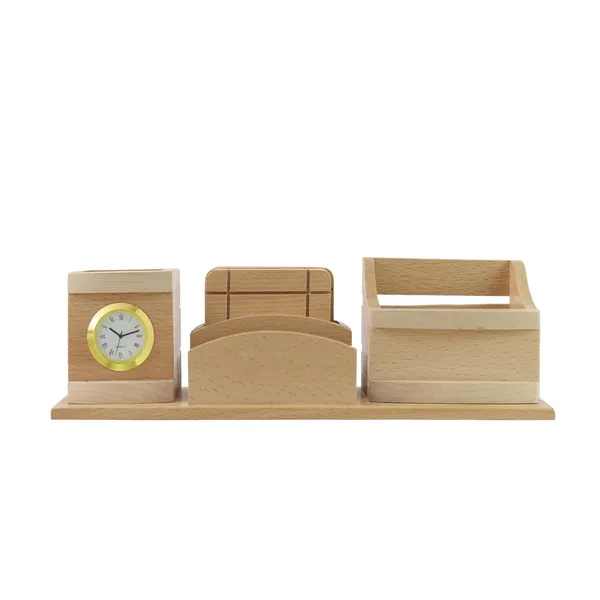 Personalised_Beige_Wooden_Pen_Stand_With_Clock,_Mobile_Or_Card_Holder_Tea_Coasters_4_Compartments_Gift