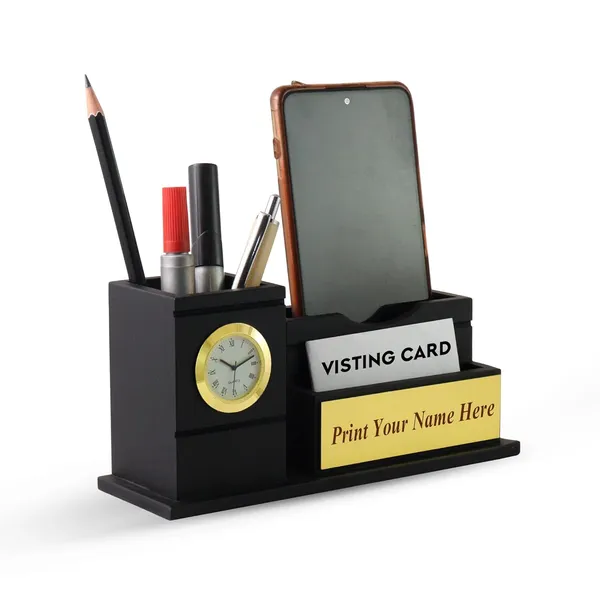 Personalised_Matt_Black_Wooden_Desk_Organizer_With_Clock,_Mobile_Holder,_Pen_Stand,_Visiting_Card_Holder
