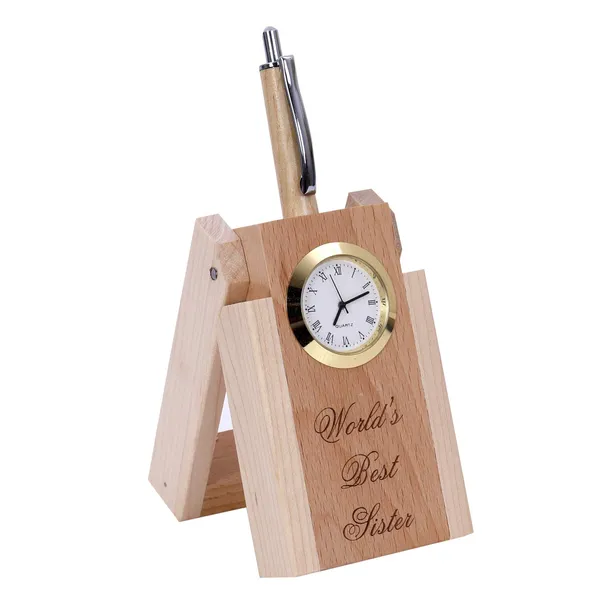 Beige_Wooden_Pen_Stand_With_Hand_Craved_Analogue_Clock