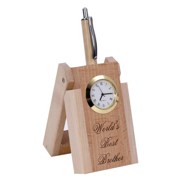 Beige_Wooden_Pen_Stand_With_Hand_Craved_Analogue_Clock