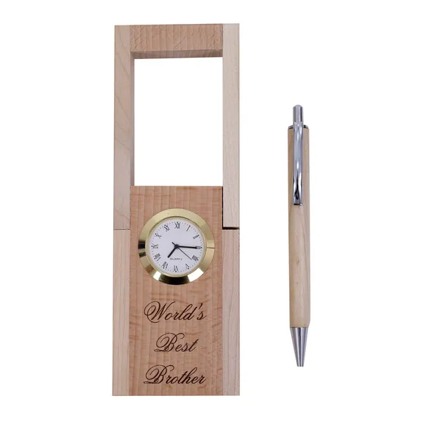 Beige_Wooden_Pen_Stand_With_Hand_Craved_Analogue_Clock