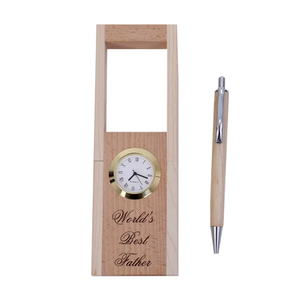 Beige_Wooden_Pen_Stand_With_Hand_Craved_Analogue_Clock