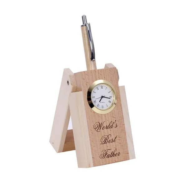 Beige_Wooden_Pen_Stand_With_Hand_Craved_Analogue_Clock