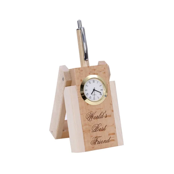 Beige_Wooden_Pen_Stand_With_Hand_Craved_Analogue_Clock
