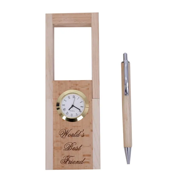 Beige_Wooden_Pen_Stand_With_Hand_Craved_Analogue_Clock