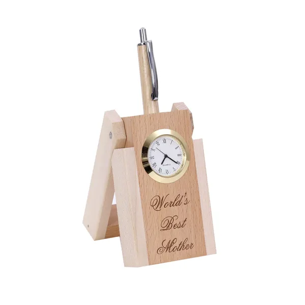 Beige_Wooden_Pen_Stand_With_Hand_Craved_Analogue_Clock
