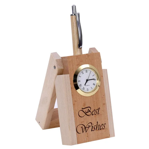 Beige_Wooden_Pen_Stand_With_Hand_Craved_Analogue_Clock