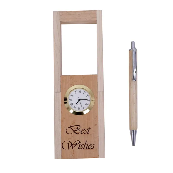 Beige_Wooden_Pen_Stand_With_Hand_Craved_Analogue_Clock