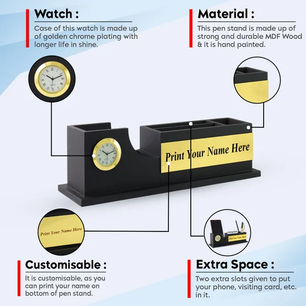 Personalised_Matt_Black_Wooden_Desk_Organizer_With_Clock_For_Home_And_Office