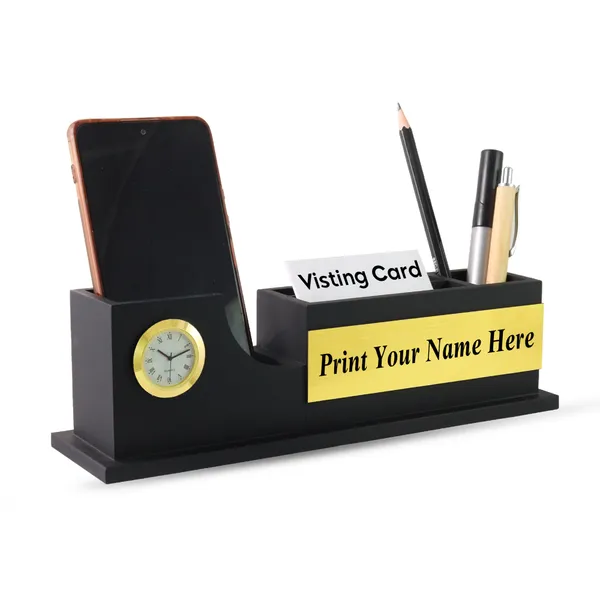 Personalised_Matt_Black_Wooden_Desk_Organizer_With_Clock_For_Home_And_Office