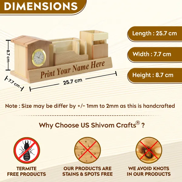 Personalised_Beige_Wooden_Desk_Supplies_Organisers_With_Clock,_Card_,Mobile_Holder_And_Pen_Stand_For_Home_&_Office