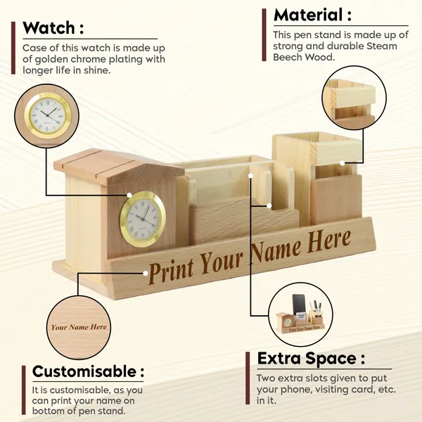 Personalised_Beige_Wooden_Desk_Supplies_Organisers_With_Clock,_Card_,Mobile_Holder_And_Pen_Stand_For_Home_&_Office
