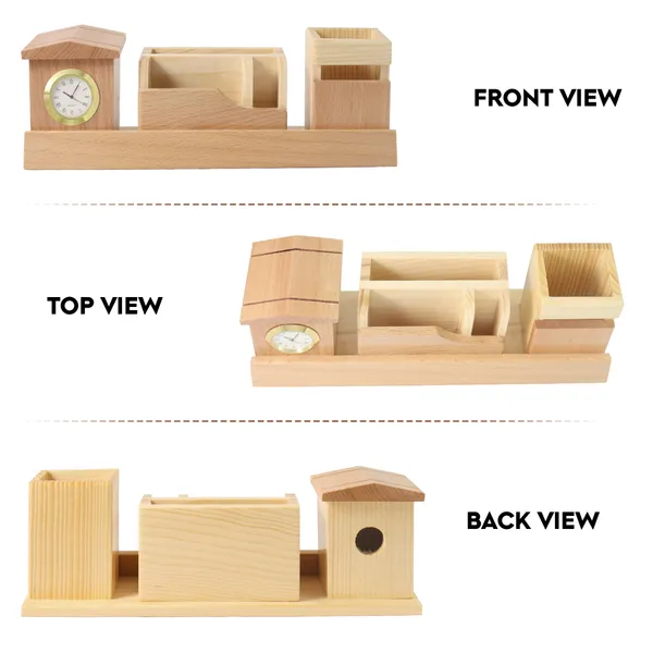 Personalised_Beige_Wooden_Desk_Supplies_Organisers_With_Clock,_Card_,Mobile_Holder_And_Pen_Stand_For_Home_&_Office