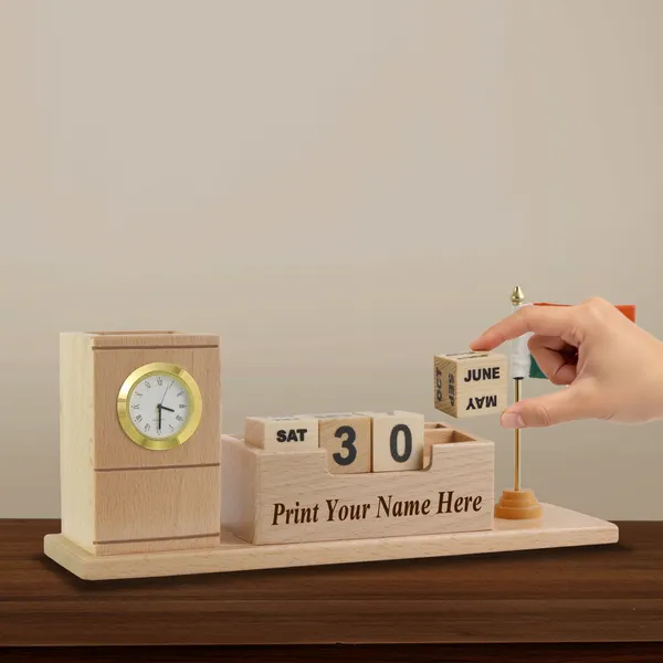 Personalised_Beige_Wooden_Desk_Organizer_With_Clock,_Pen_Stand,_Calendar_Blocks_And_Cloth_Indian_Flag_For_Home_And_Office