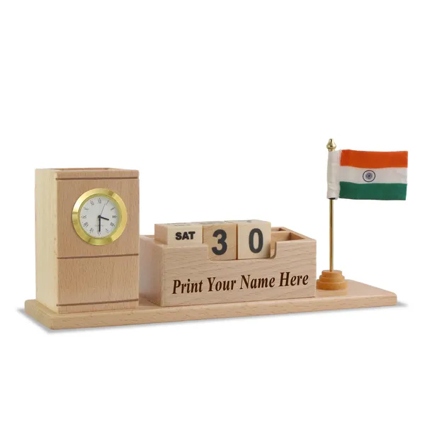 Personalised_Beige_Wooden_Desk_Organizer_With_Clock,_Pen_Stand,_Calendar_Blocks_And_Cloth_Indian_Flag_For_Home_And_Office