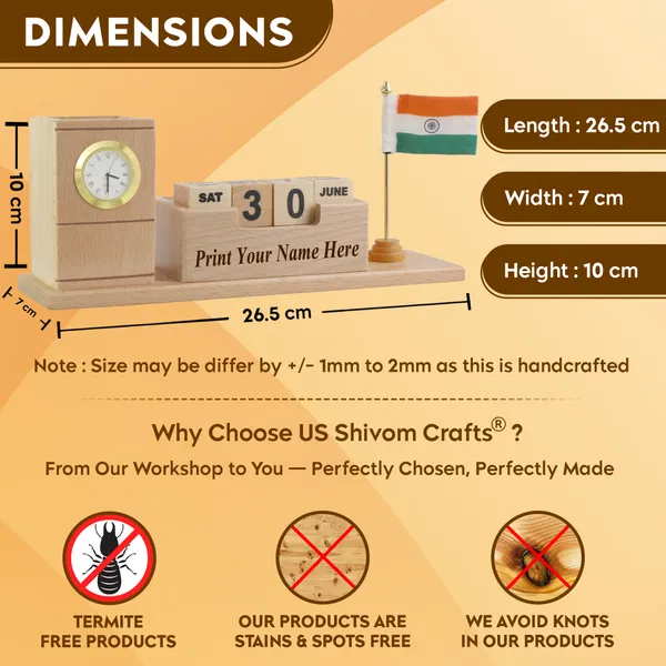 Personalised_Beige_Wooden_Desk_Organizer_With_Clock,_Pen_Stand,_Calendar_Blocks_And_Cloth_Indian_Flag_For_Home_And_Office