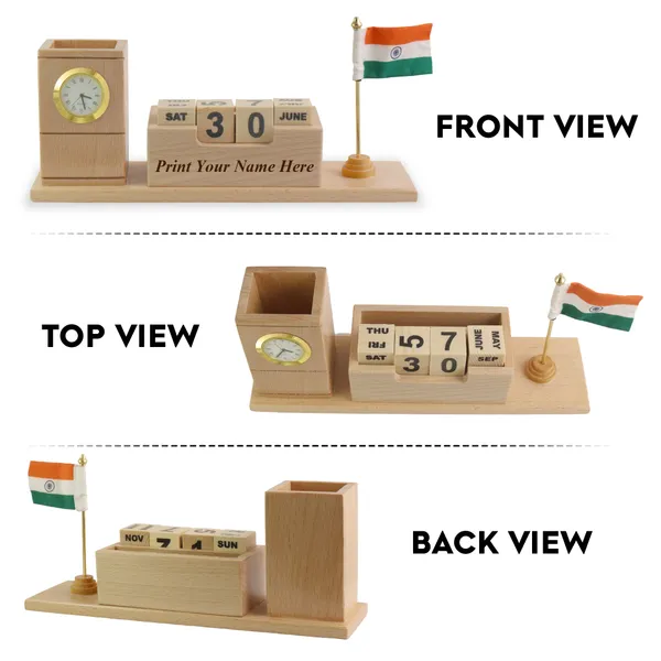 Personalised_Beige_Wooden_Desk_Organizer_With_Clock,_Pen_Stand,_Calendar_Blocks_And_Cloth_Indian_Flag_For_Home_And_Office