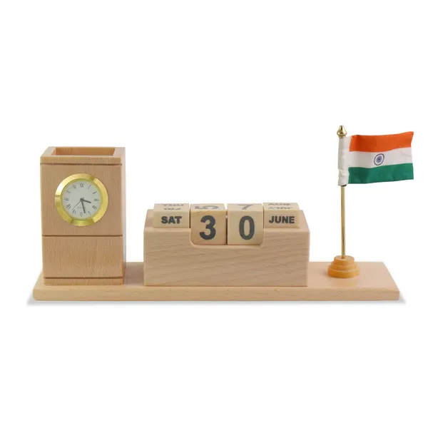 Personalised_Beige_Wooden_Desk_Organizer_With_Clock,_Pen_Stand,_Calendar_Blocks_And_Cloth_Indian_Flag_For_Home_And_Office
