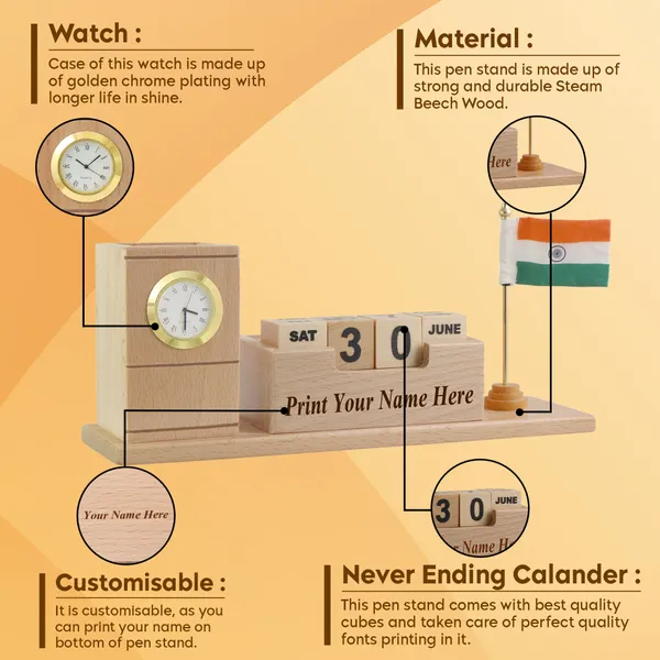 Personalised_Beige_Wooden_Desk_Organizer_With_Clock,_Pen_Stand,_Calendar_Blocks_And_Cloth_Indian_Flag_For_Home_And_Office