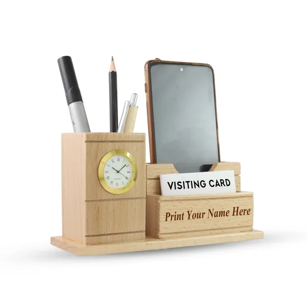 Personalised_Beige_Wooden_Desk_Organizer_With_Clock,_Pen_Holder,_Mobile_And_Visiting_Card_Holder_For_Home_And_Office