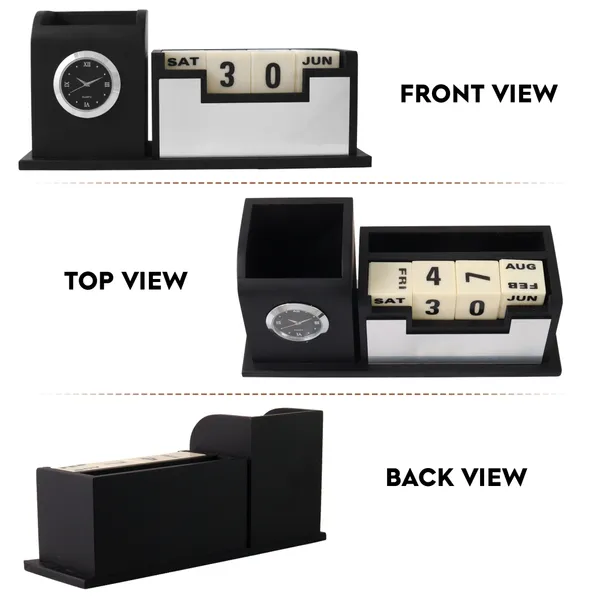 Personalised_Matt_Black_Pen_Stand_For_Office_Table,_Desk_Organizer_With_Wooden_Calendar,_Pen_Stand,_Mobile_Holder_For_Home_And_Office