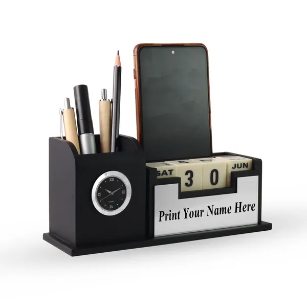 Personalised_Matt_Black_Pen_Stand_For_Office_Table,_Desk_Organizer_With_Wooden_Calendar,_Pen_Stand,_Mobile_Holder_For_Home_And_Office
