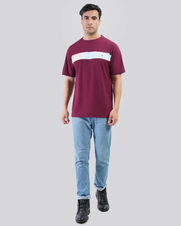 Maroon_Cotton_Blend_Round_Neck_Regular_Fit_Solid_Western_Wear_Casual_T-Shirt