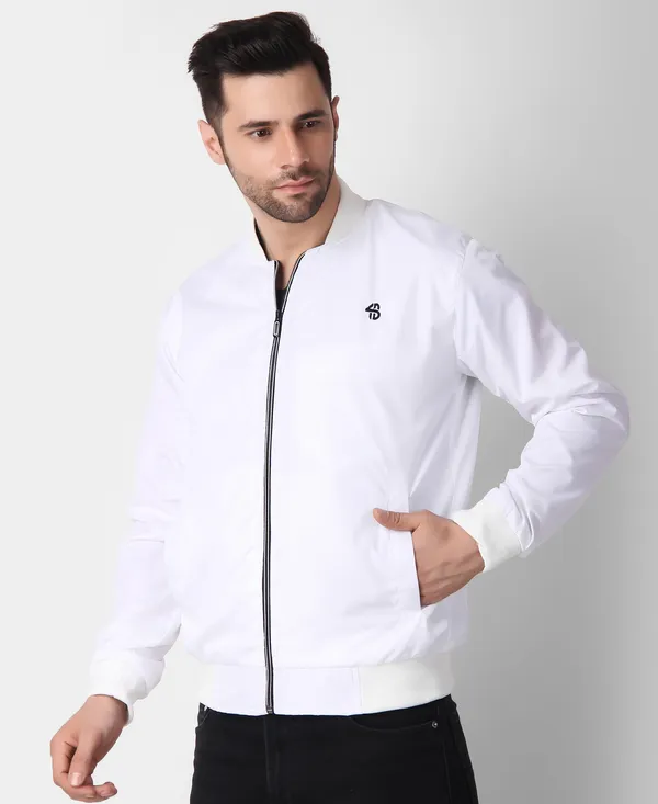 White_Nylon_Regular_Fit_Men's_Windcheater_Jacket