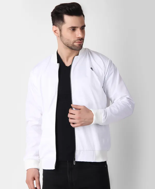 White_Nylon_Regular_Fit_Men's_Windcheater_Jacket