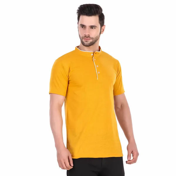 Mustard_Yellow_Cotton_Blend_Regular_Fit_Solid_Western_Wear_Casual_T-Shirt