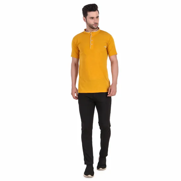 Mustard_Yellow_Cotton_Blend_Regular_Fit_Solid_Western_Wear_Casual_T-Shirt