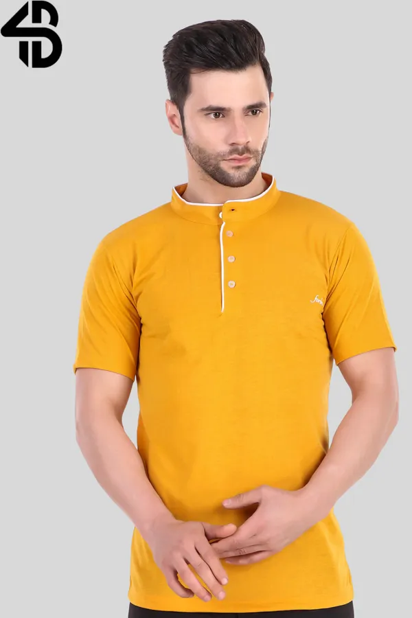 Mustard_Yellow_Cotton_Blend_Regular_Fit_Solid_Western_Wear_Casual_T-Shirt