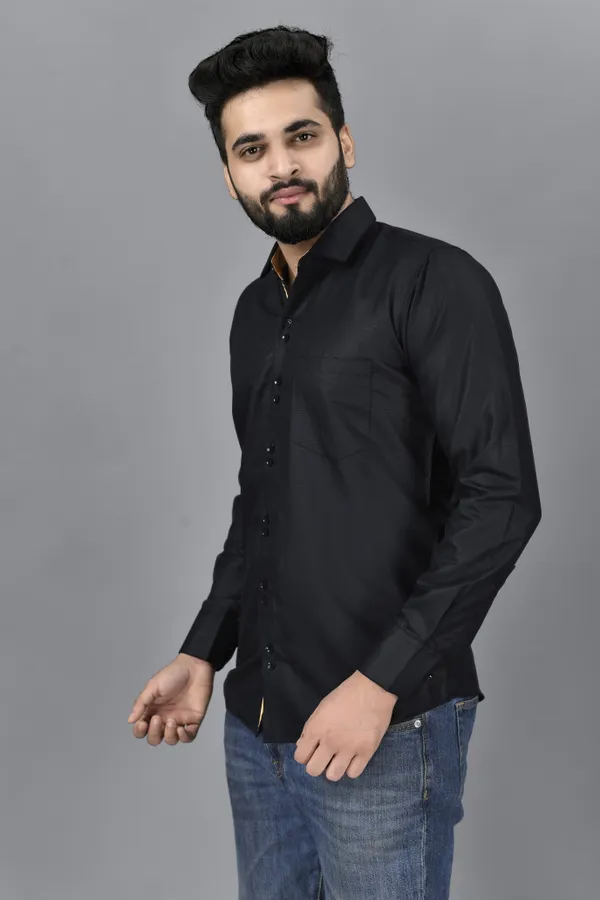 Black_Cotton_Blend_Regular_Fit_Full_Sleeve_Solid_Hip_Length_Shirt_For_Men