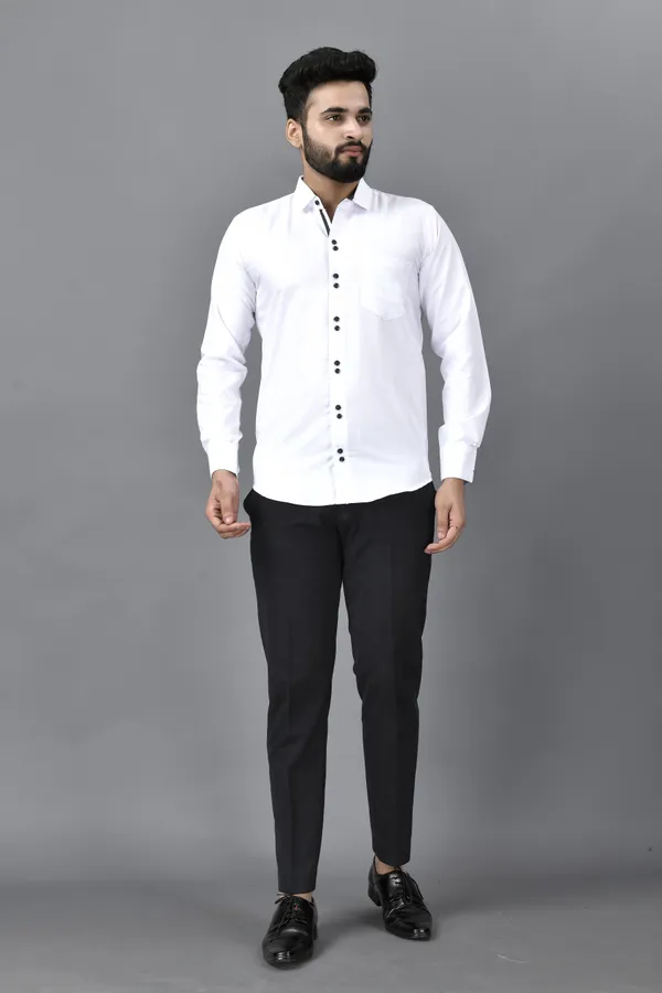 White_Cotton_Blend_Regular_Fit_Full_Sleeve_Solid_Hip_Length_Shirt_For_Men