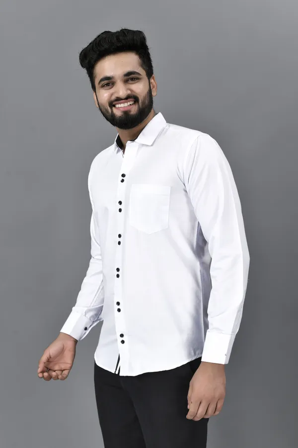 White_Cotton_Blend_Regular_Fit_Full_Sleeve_Solid_Hip_Length_Shirt_For_Men