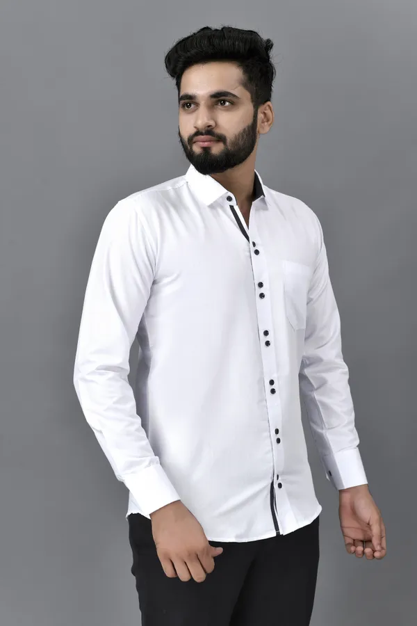 White_Cotton_Blend_Regular_Fit_Full_Sleeve_Solid_Hip_Length_Shirt_For_Men