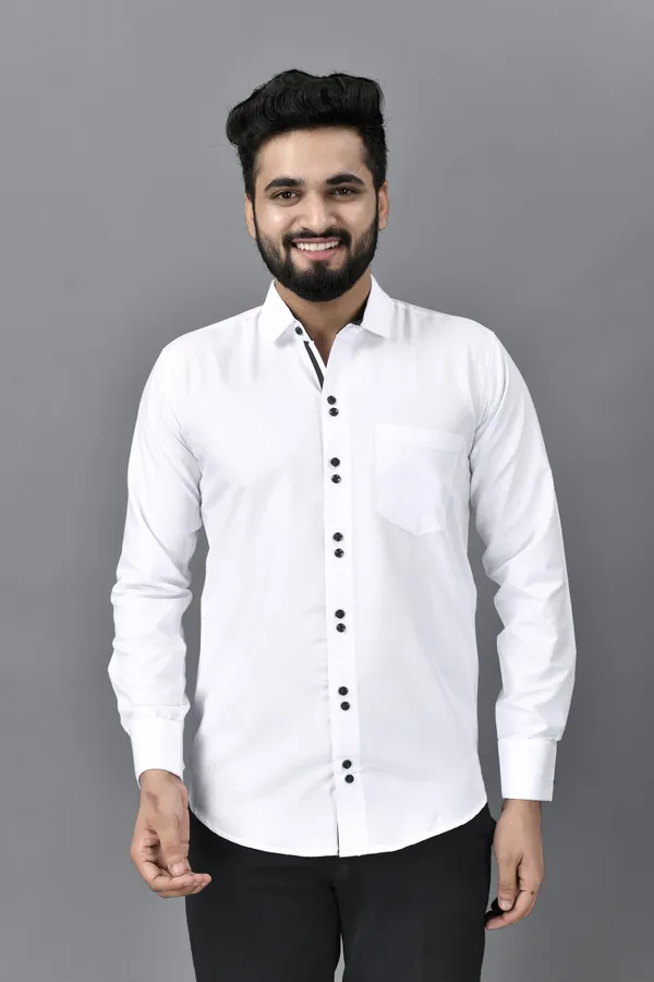 White_Cotton_Blend_Regular_Fit_Full_Sleeve_Solid_Hip_Length_Shirt_For_Men