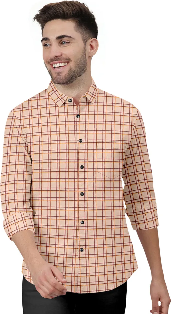 Beige_Cotton_Blend_Regular_Fit_3/4th_Sleeve_Checkered_Long_Shirt_For_Men