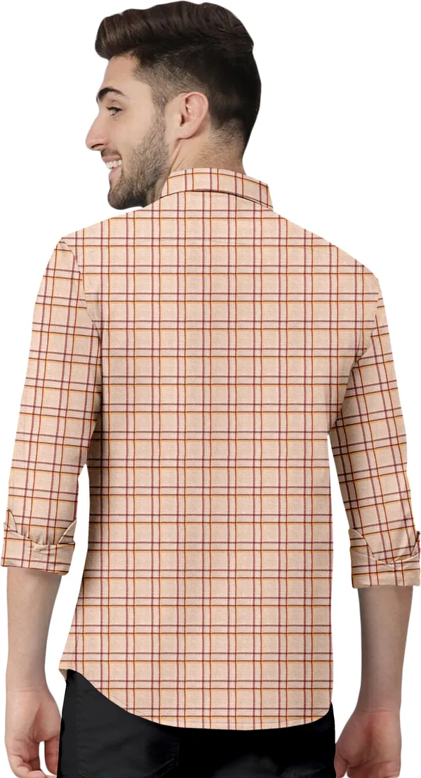 Beige_Cotton_Blend_Regular_Fit_3/4th_Sleeve_Checkered_Long_Shirt_For_Men